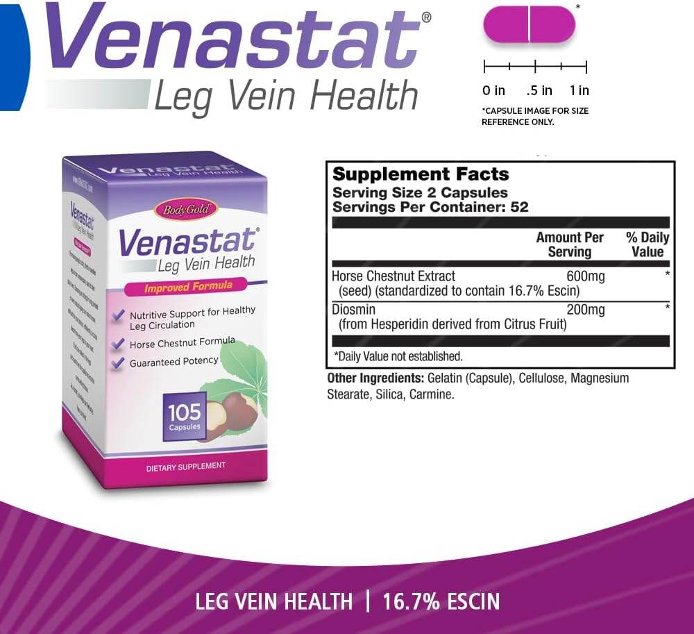 Body Gold Venastat, Leg Vein Health & Circulation Formula with Horse Chestnut & Diosmin, 105 ea - OTC Shoppe Express