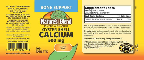 Nature's Blend Calcium Oyster Shell, 500 mg, Tablets, 100 ea - OTC Shoppe Express