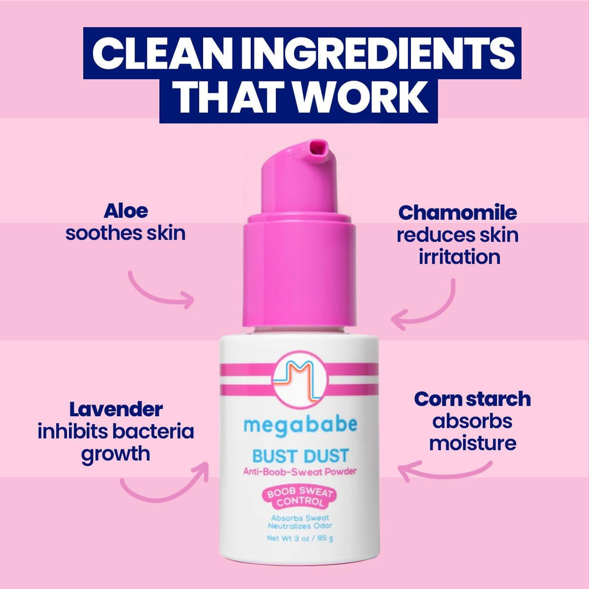 Megababe Bust Dust, Talc-Free Sweat Absorbing Powder w/ Pump, 3 oz