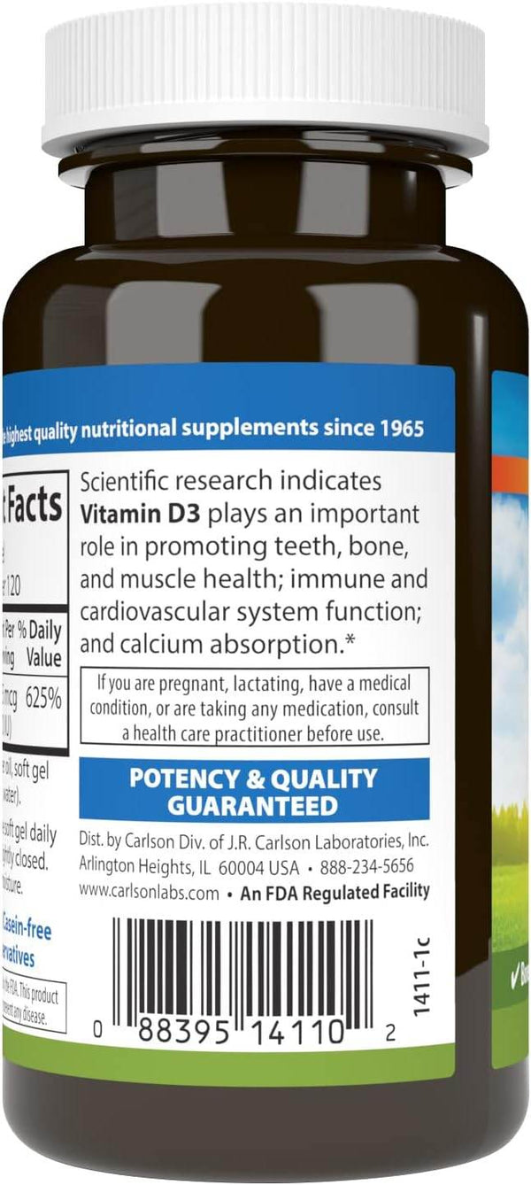 Carlson Labs Vitamin D3, 5000 IU, Softgels, 120 ea - OTC Shoppe Express
