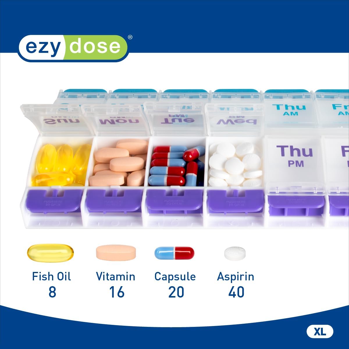 Ezy Dose Weekly (7-Day) AM/PM Pill Organizer, Large Case, Blue/Purple