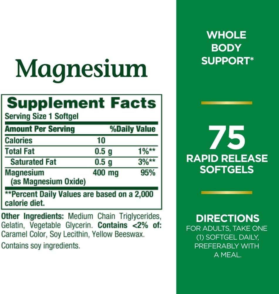 Nature's Bounty Magnesium, 400 mg, Softgels, 75 ea - OTC Shoppe Express