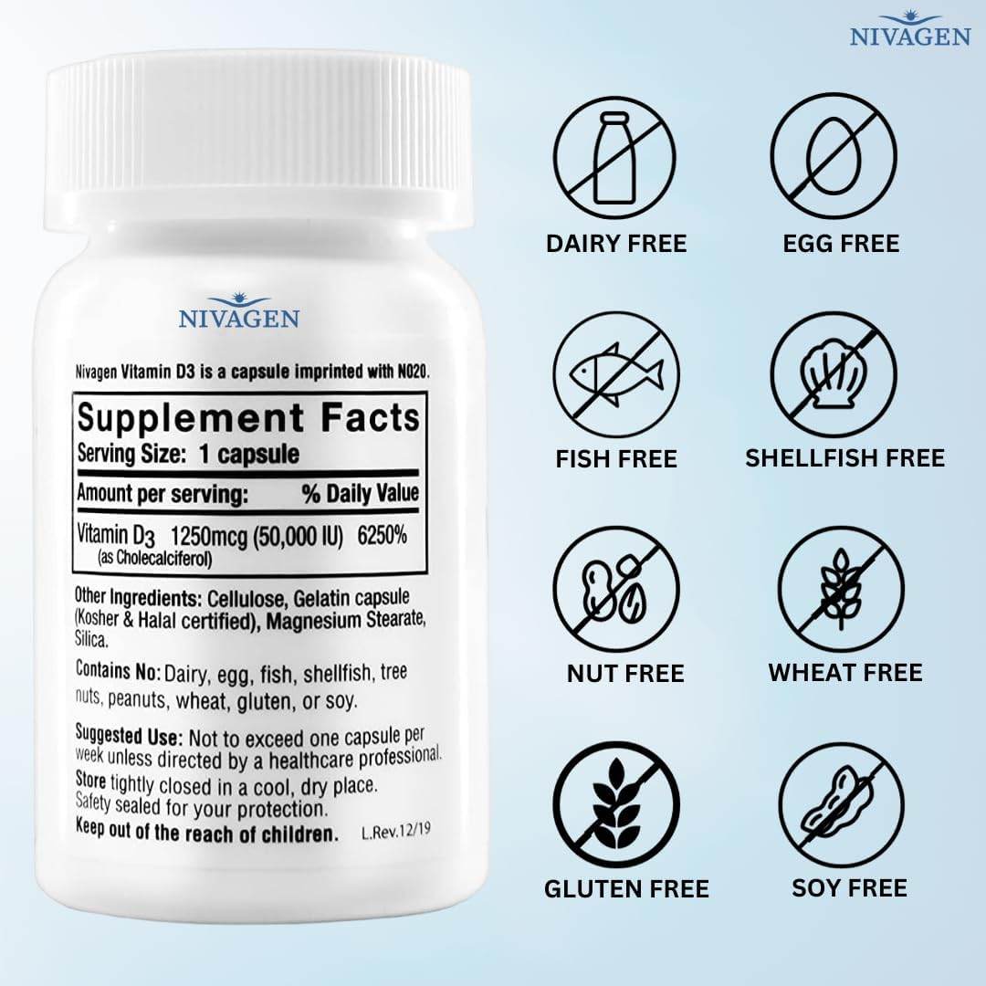 Nivagen Pharmaceuticals Vitamin D3, 50000 IU, Capsules, 100 ea - OTC Shoppe Express