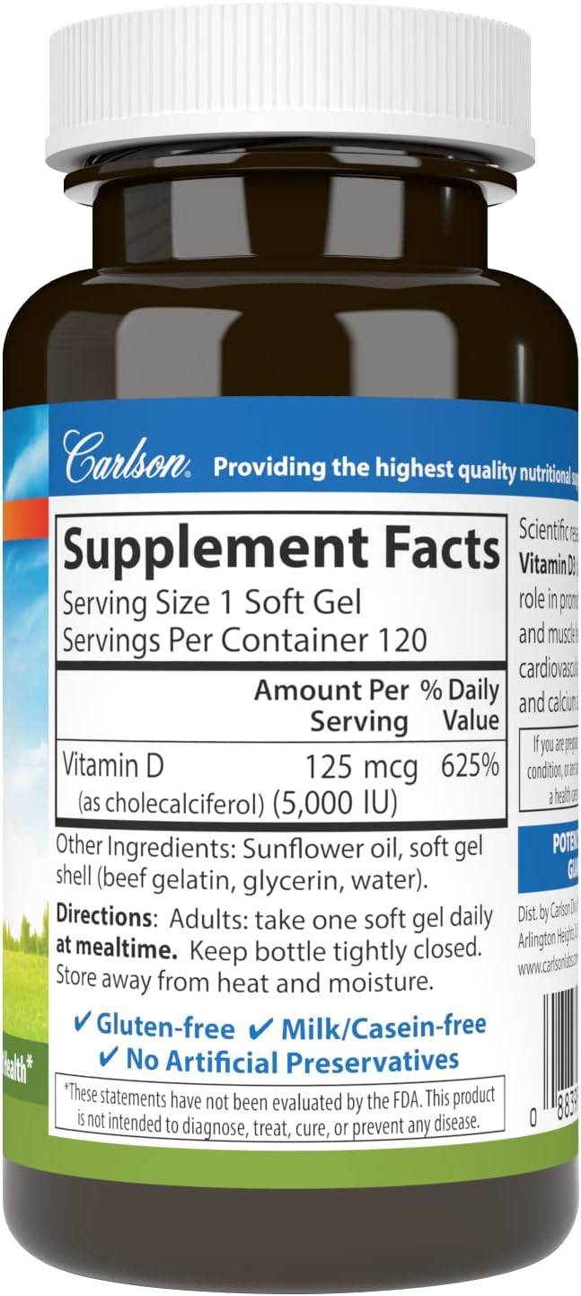 Carlson Labs Vitamin D3, 5000 IU, Softgels, 120 ea - OTC Shoppe Express