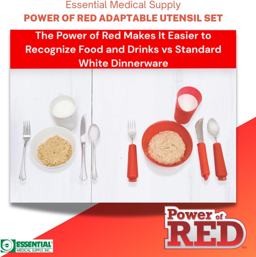 Essential Medical Supply Power of Red Adaptive Utensil Set - Bendable Fork, Spoon, and Rocker Knife with Large Soft Handles for Arthritis, Orthopedic