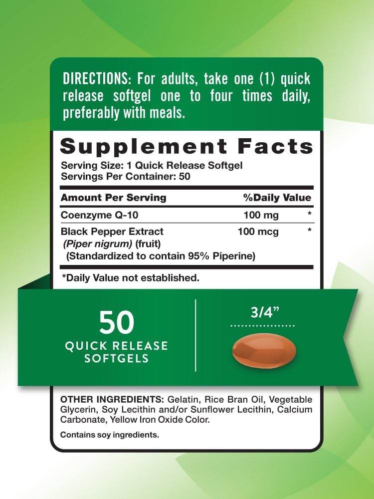 Nature's Truth Enhanced Absorption CoQ-10, 100 mg, plus Black Pepper Extract, Softgels, 50 ea - OTC Shoppe Express
