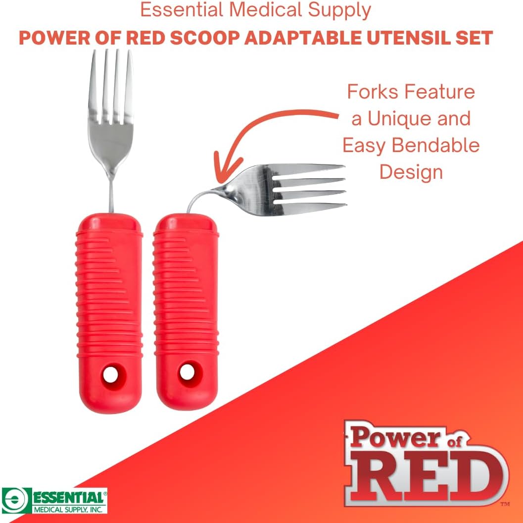 Essential Medical Supply Power of Red Adaptive Utensil Set - Bendable Fork, Spoon, and Rocker Knife with Large Soft Handles for Arthritis, Orthopedic