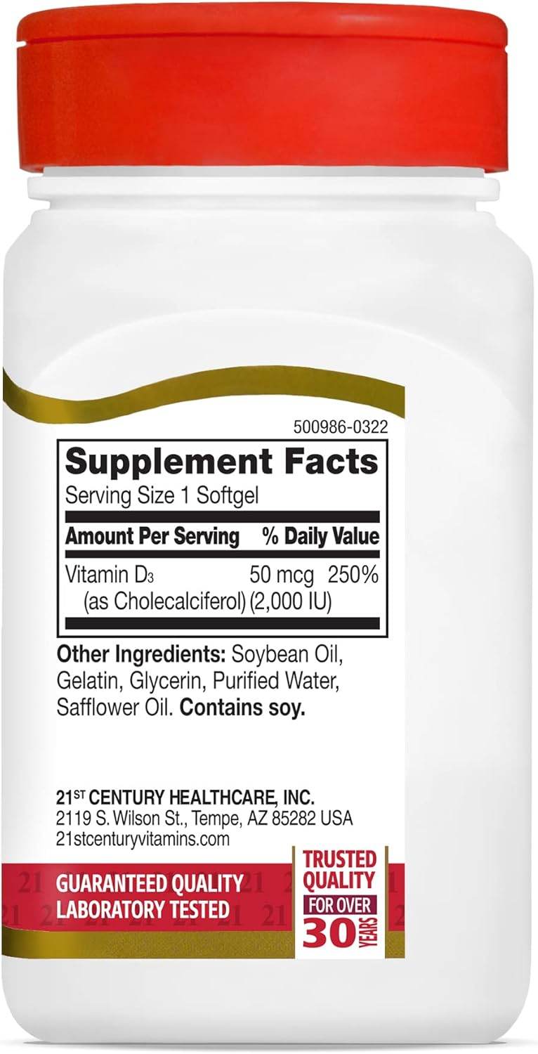 21st Century Vitamin D3 2000 IU, Softgels, 250 ea - OTC Shoppe Express