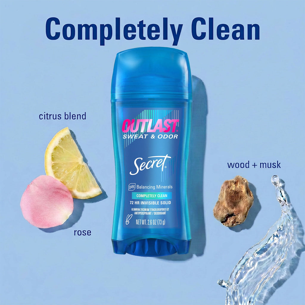 Secret Outlast Antiperspirant Deodorant for Women, Invisible Solid, Completely Clean, 2.6 oz, Twin Pack