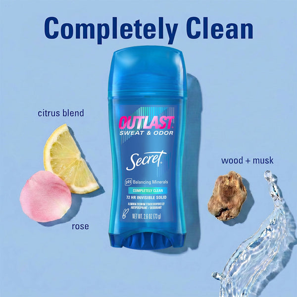 Secret Outlast Antiperspirant Deodorant for Women, Invisible Solid, Completely Clean, 2.6 oz, Twin Pack