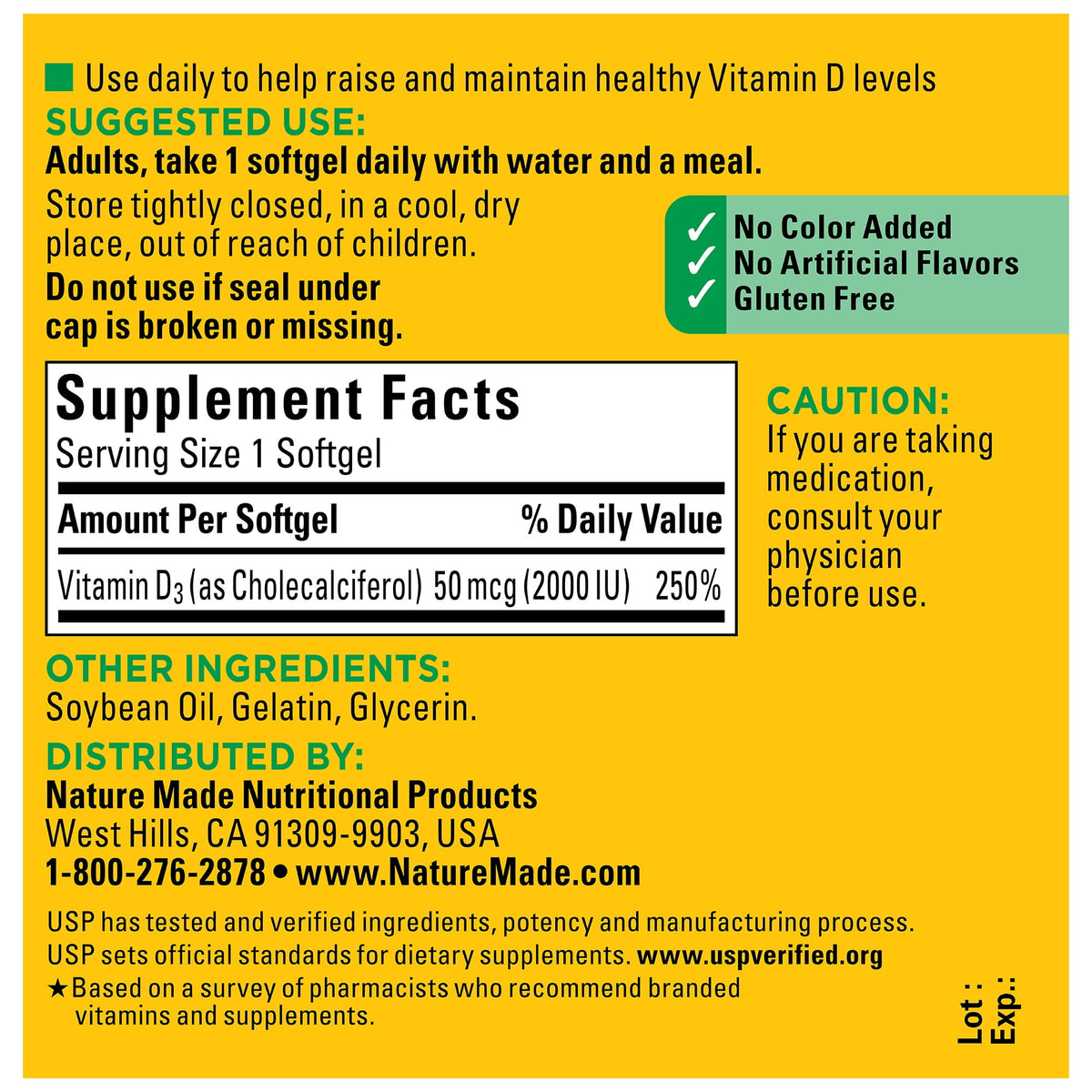 Nature Made Vitamin D3 2000 IU (50 mcg) Softgels, Vitamin D Dietary Supplement, 100 Count
