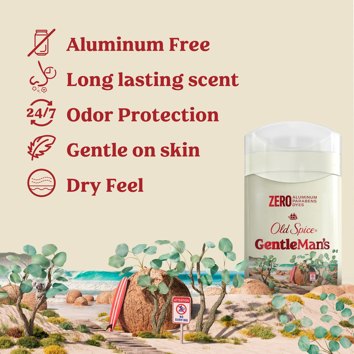 Old Spice GentleMan's Deodorant, Aluminum Free, 24/7 Freshness, Eucalyptus and Coconut Oil, 3.0 oz