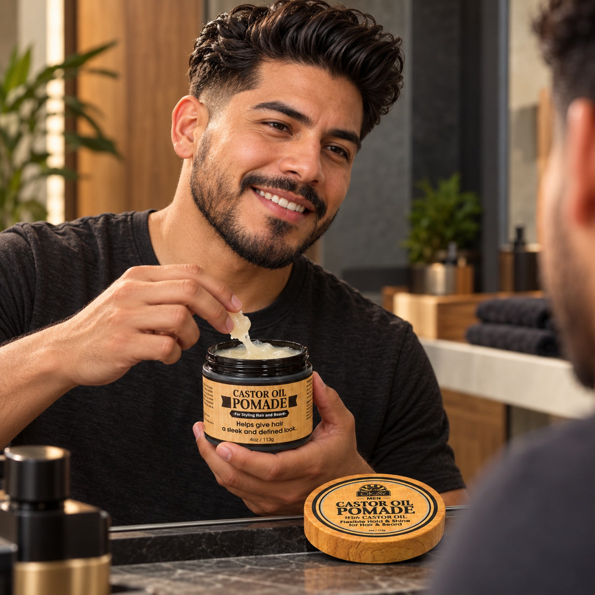 OKAY Men Castor Oil Beard & Hair Pomade, All-Day Hold Styling Pomade for Beard & Hair, Adds Shine & Definition, Silicone & Paraben Free, For All Hair