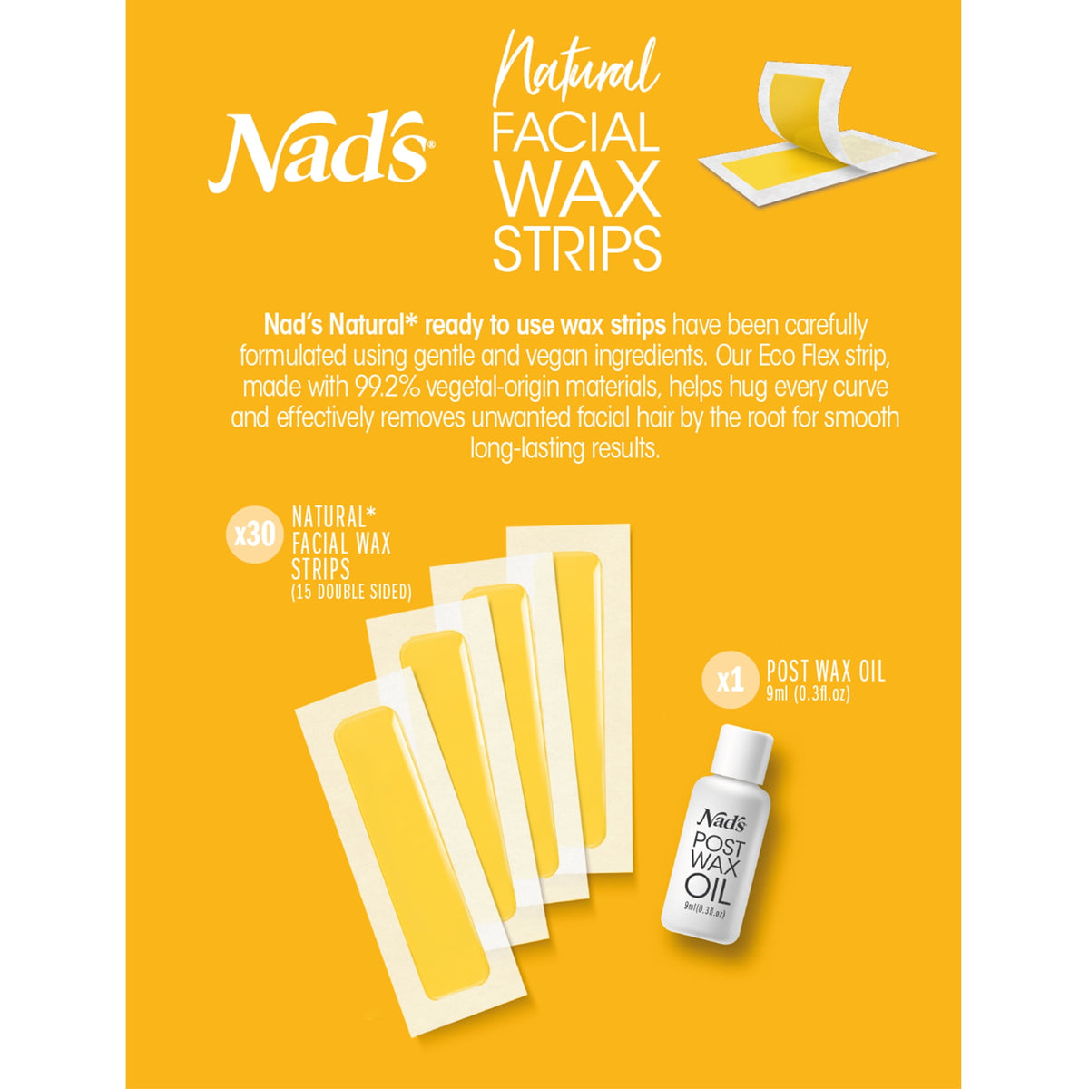 Nad's Natural Facial Wax Strips for Facial Hair Removal, 30ct