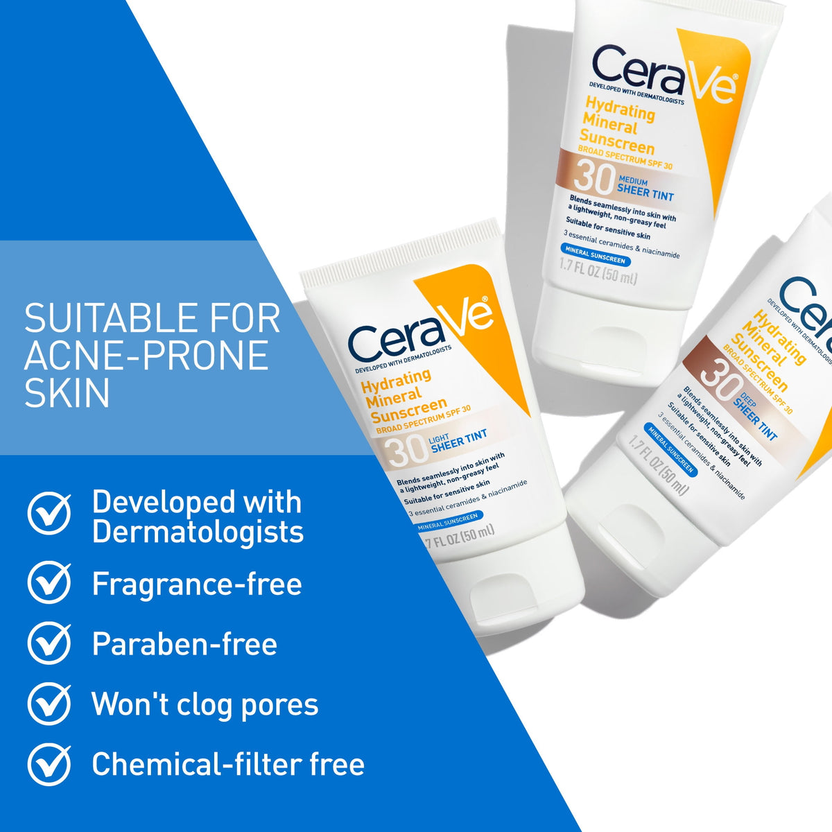 CeraVe Sunscreen Tinted Hydrating 100% Mineral Broad-Spectrum Lotion SPF 30 for Face with Sheer Tint