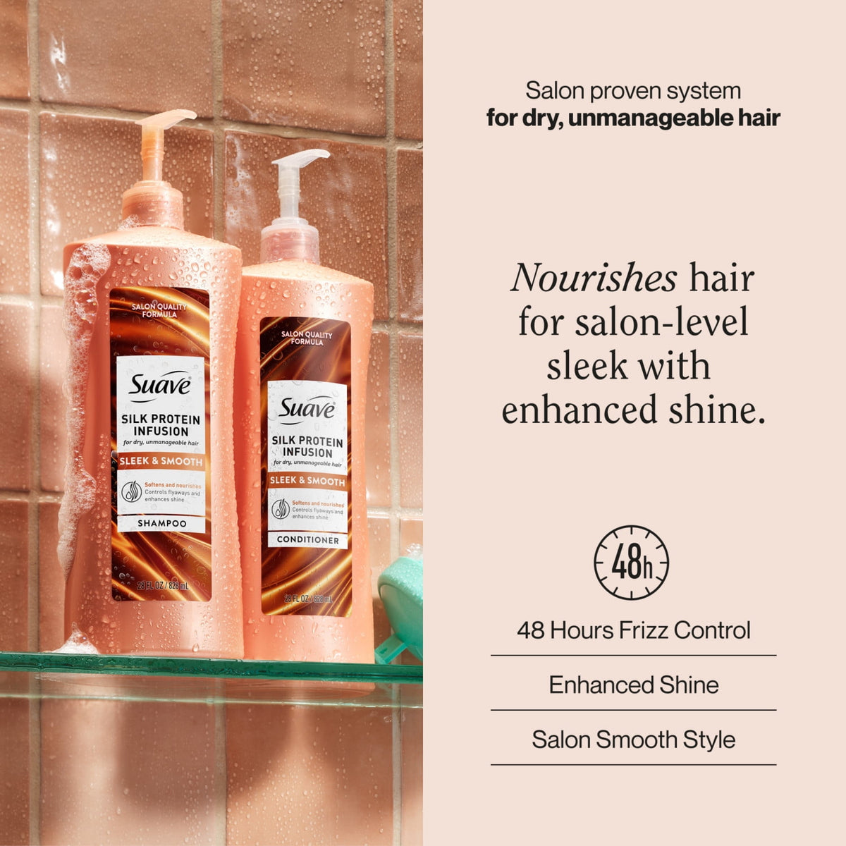 Suave Silk Protein Infusion Sleek and Smooth Conditioner for Dry Hair, 48 Hour Frizz Control, 28 fl oz