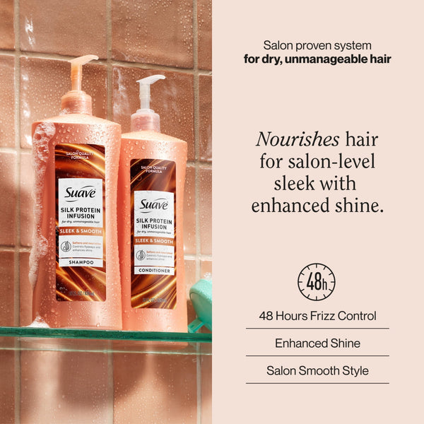 Suave Silk Protein Infusion Sleek and Smooth Conditioner for Dry Hair, 48 Hour Frizz Control, 28 fl oz