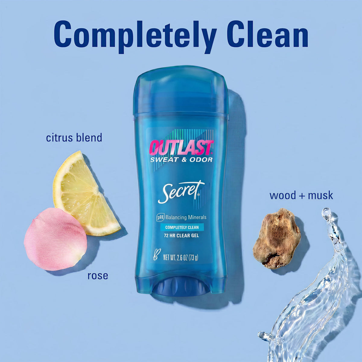 Secret Outlast Antiperspirant Deodorant for Women, Clear Gel, Completely Clean, 2.6 oz Each, Twin Pack