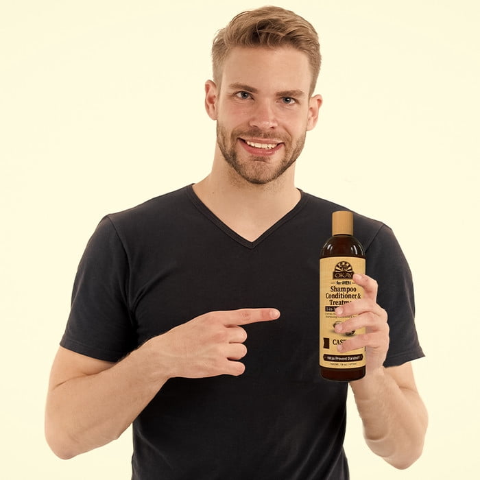OKAY MEN Castor Oil Beard and Hair 3 in 1 Shampoo, Conditioner, Dandruff Treatment 16oz