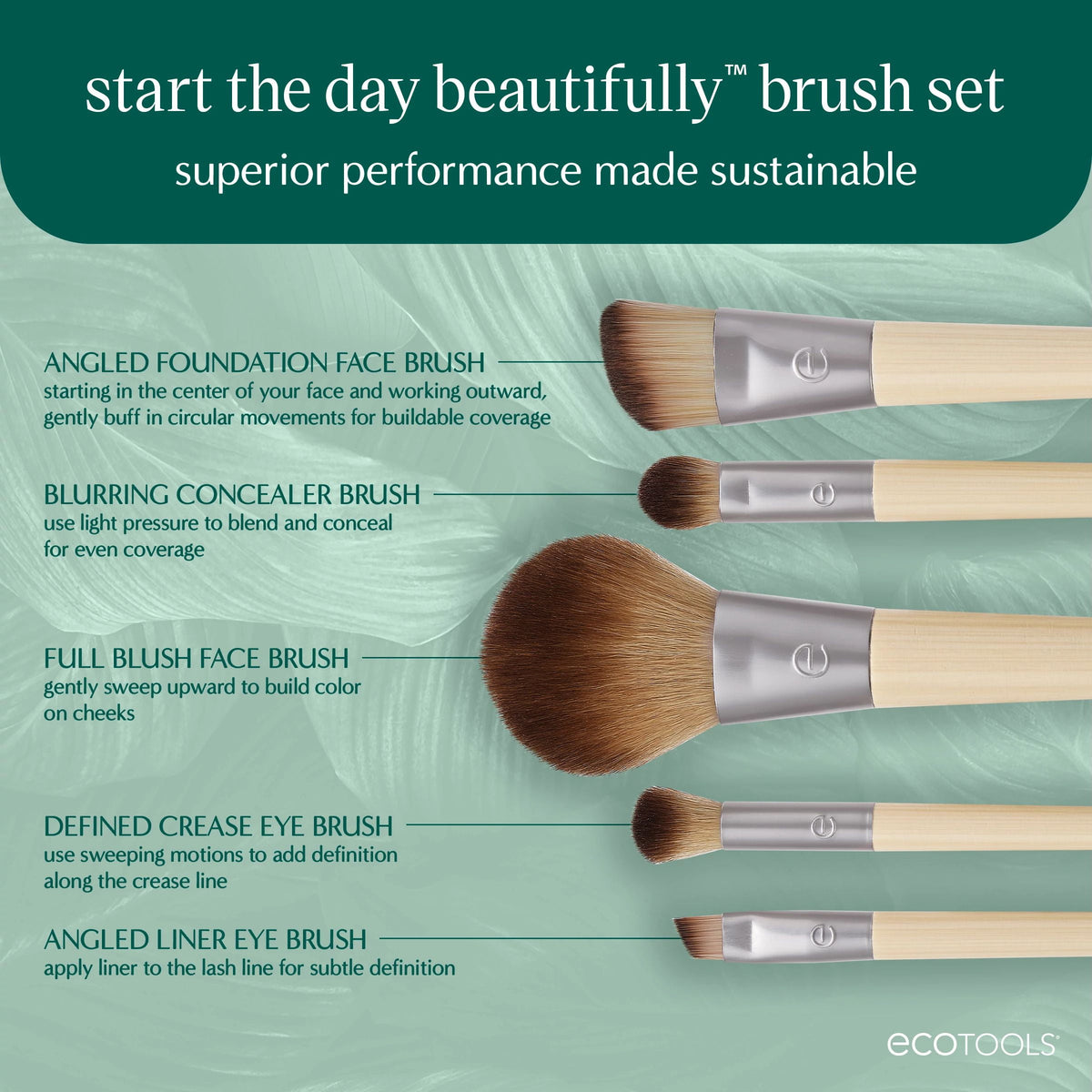 EcoTools Start the Day Beautifully Makeup Brush Kit with Storage Tray, 6 Piece Set