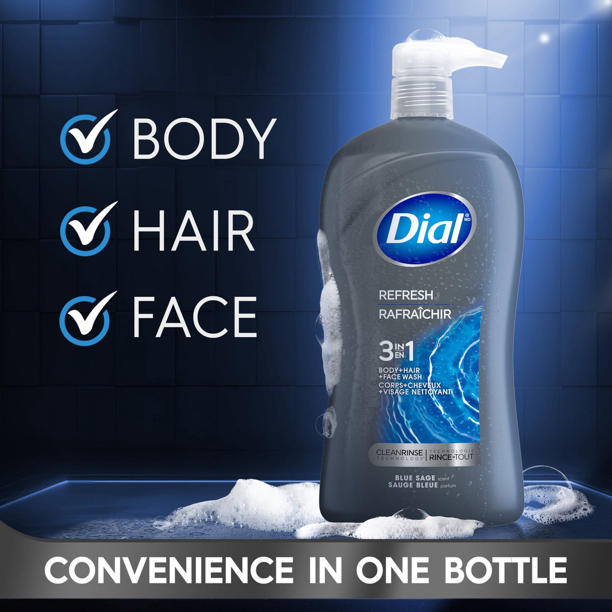 Dial Refresh 3-in-1 Men's Body Wash for Body, Hair & Face, Blue Sage Scent, 32 fl oz