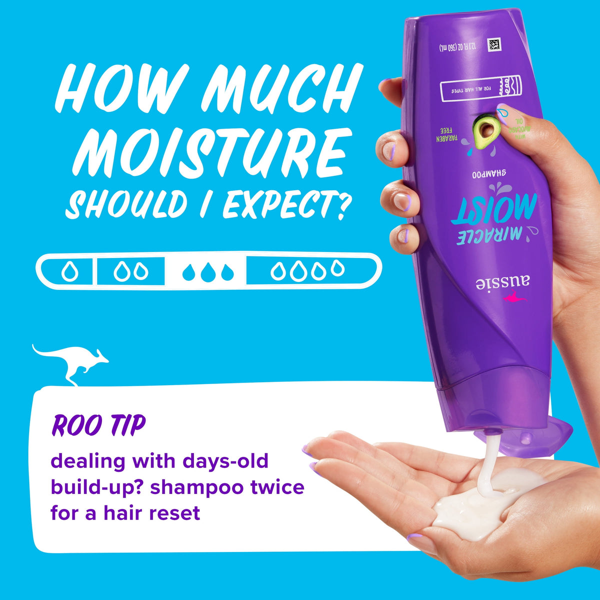 Aussie Miracle Moist Shampoo for All Hair Types with Avocado, Moisturizing, Paraben Free, 12.1 fl oz