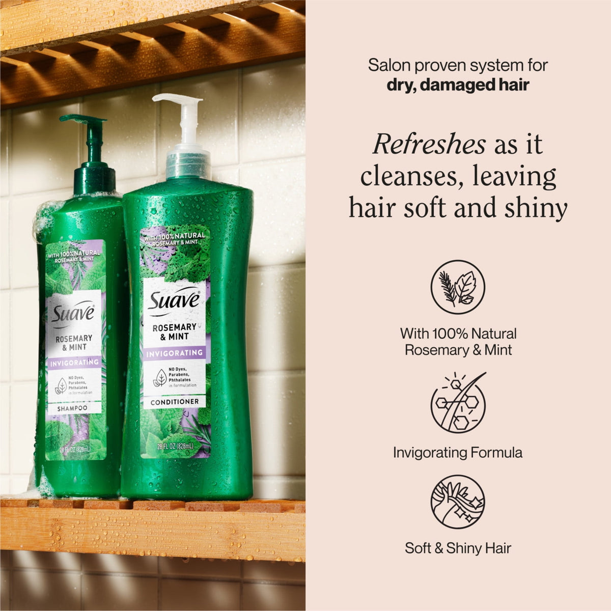 Suave Invigorating Shampoo With 100% Natural Rosemary & Mint, 28 FL OZ