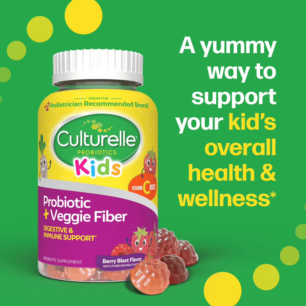 Culturelle Probiotics Kids Veggie Fiber + Probiotic Daily Gummies Supplement, Immunity & Digestion Support for Children, Berry Blast Flavor, 60 Count