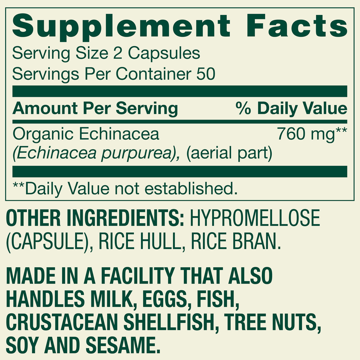Spring Valley Non GMO Echinacea Dietary Supplement Vegetarian Capsules for Immune Health, 760 mg, 100 Count
