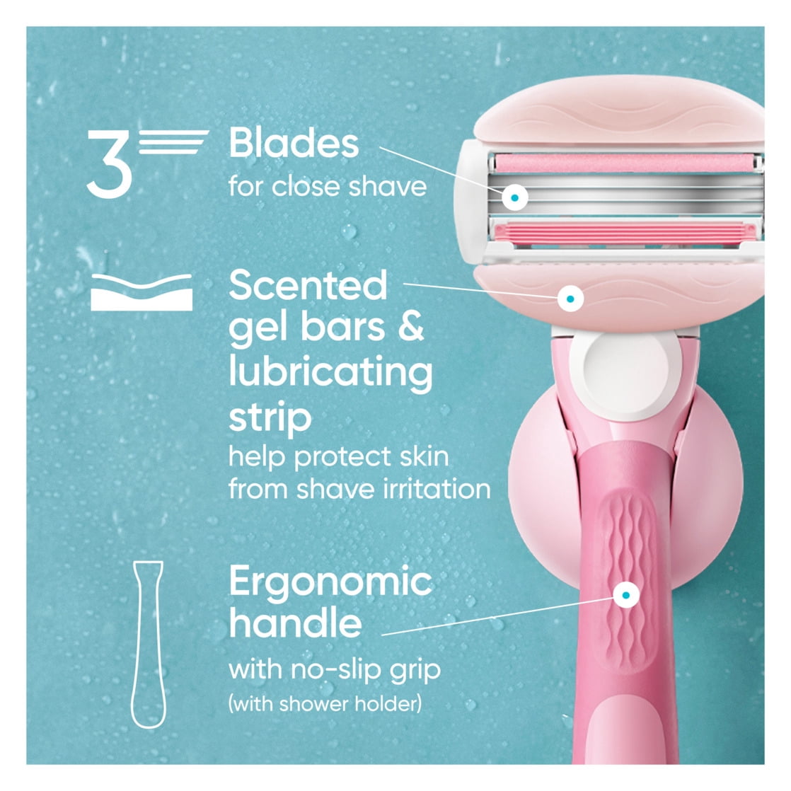 Venus ComfortGlide White Tea Manual Razor for Women, Handle, 3 Blades & 2 Refills, Pink