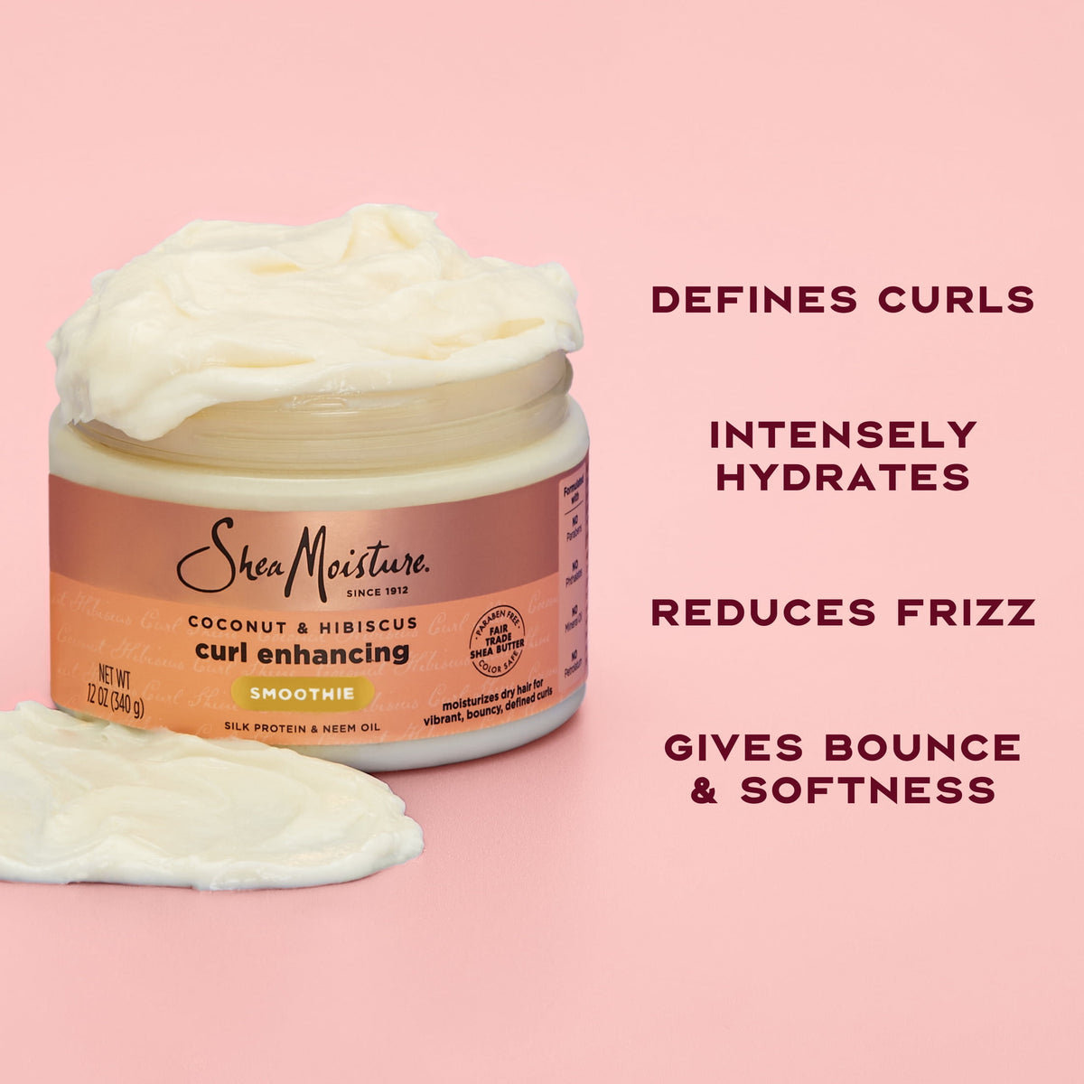 SheaMoisture Curl Enhancing Smoothie Hair Cream To Soften & Define Curls, Coconut & Hibiscus Sulfate Free & Paraben Free Curl Cream, 12 oz