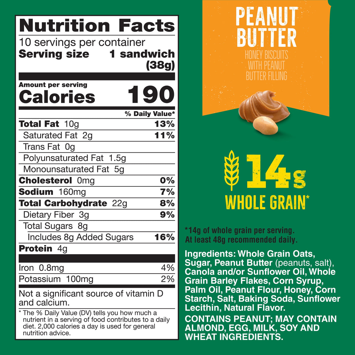 Nature Valley Biscuit Sandwiches, Peanut Butter, Snack Bars, 10 Bars, 13.5 oz