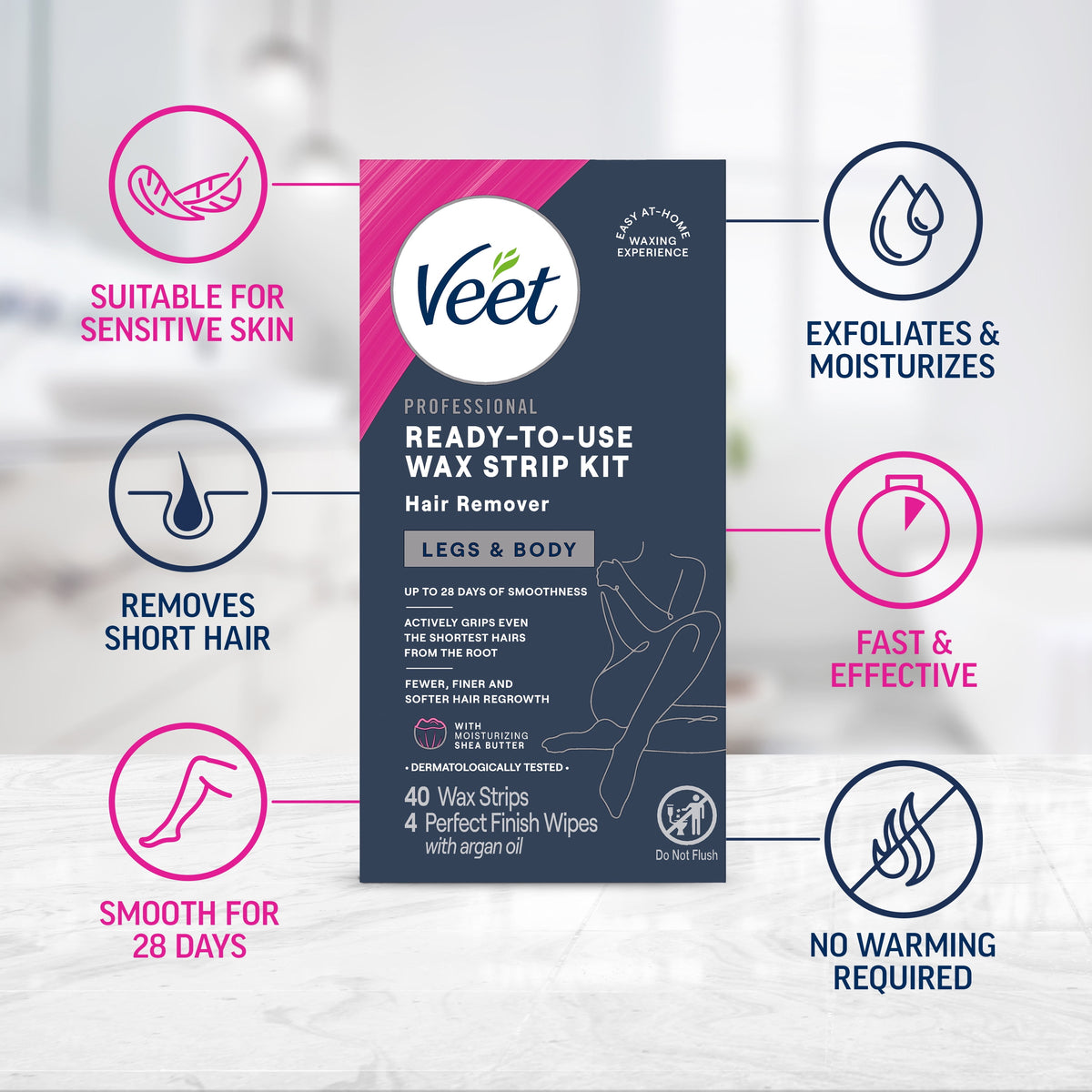 Veet Hair Removal Waxing Kit Strips with Shea Butter, Body Hair Remover for Women, 40 Count