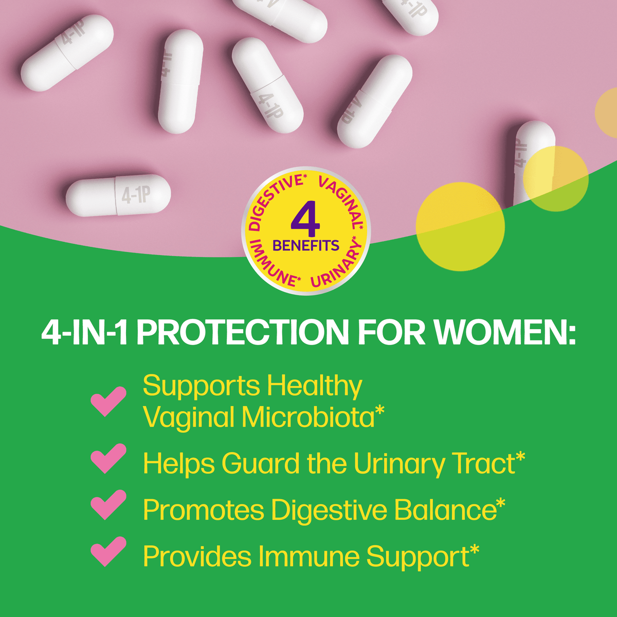 Culturelle Probiotics Women's 4-in-1 Protection Daily Supplement, Made with Prebiotics to Support Vaginal, Digestive, Urinary & Immune Health
