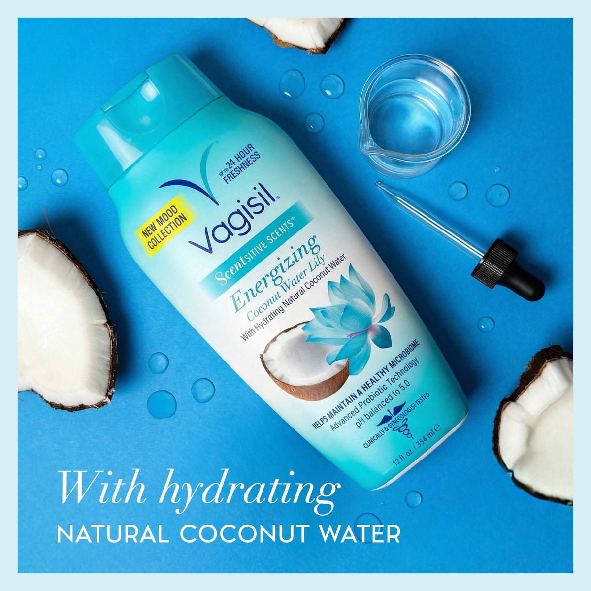 Vagisil Feminine Wash for Intimate Area Hygiene, Scentsitive Scents, pH Balanced and Gynecologist Tested, Energizing Coconut Water Lily, 12 fl oz