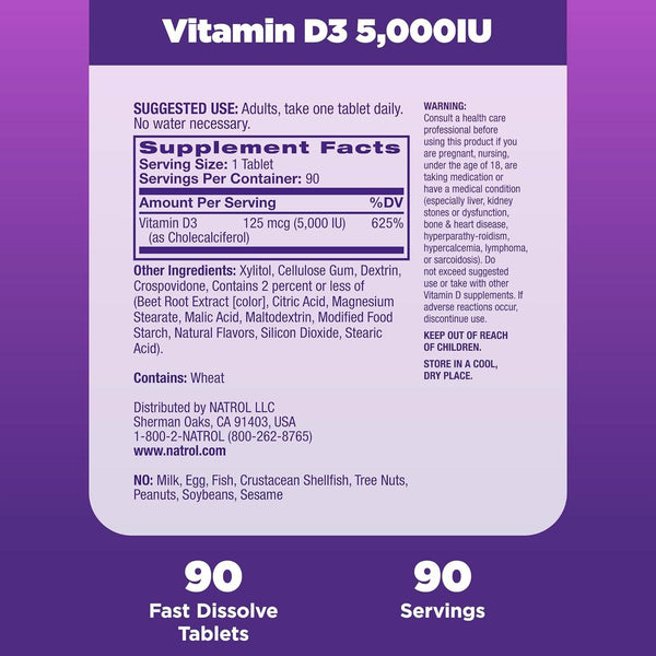 Natrol Vitamin D3, 5000 IU, Fast Dissolve Tablets, Strawberry, 90 ea - OTC Shoppe Express