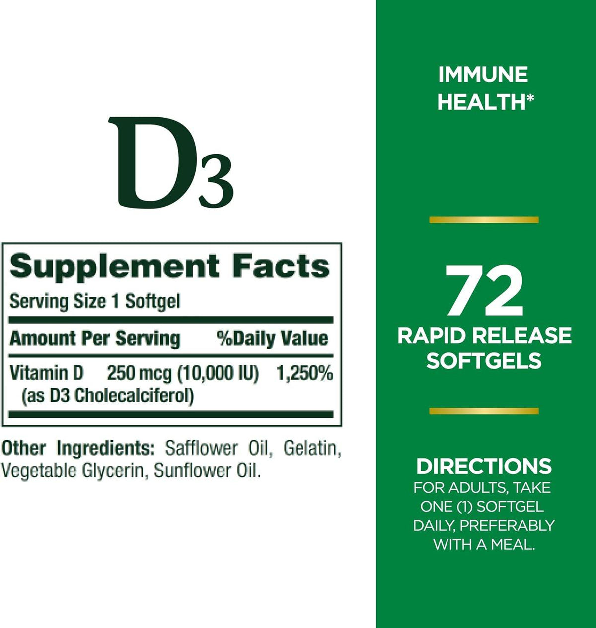 Nature's Bounty D3, 10000 IU, Vitamin Supplement, Softgels, 72 ea - OTC Shoppe Express
