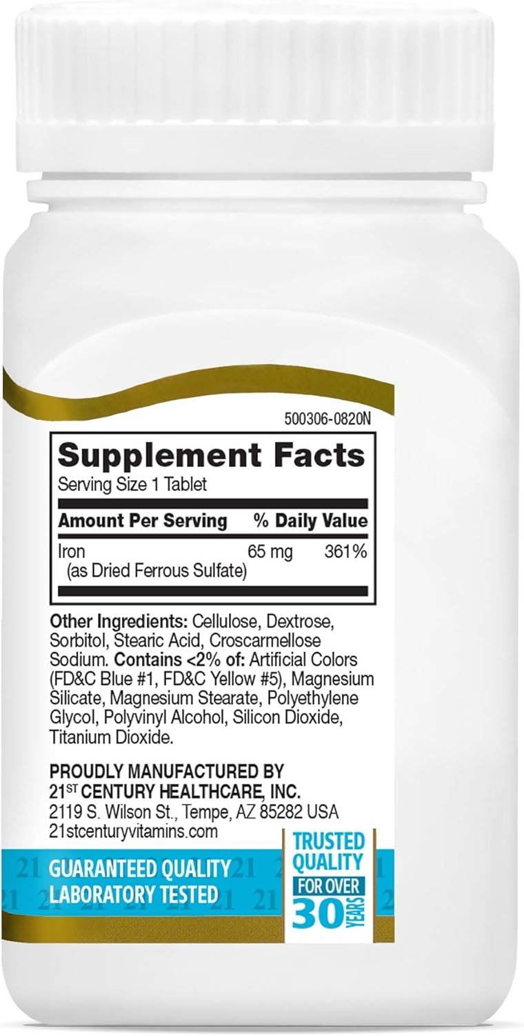 21st Century Iron, 65 mg, Ferrous Sulfate, 325 mg, Tablets, 120 ea - OTC Shoppe Express