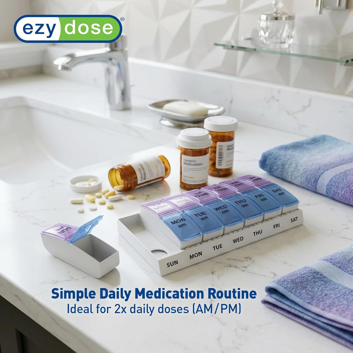 Ezy Dose Weekly (7-Day) AM/PM Pill Organizer, Large Case, Blue/Purple