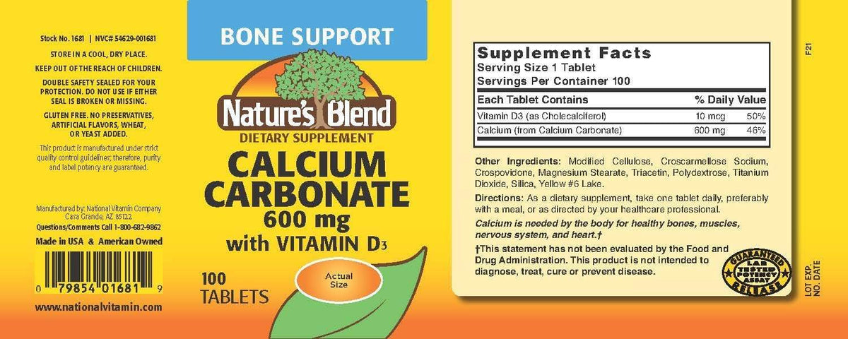 Nature's Blend Calcium Carbonate, 600 mg, with D3, 400 IU, Tablets, 100 ea - OTC Shoppe Express