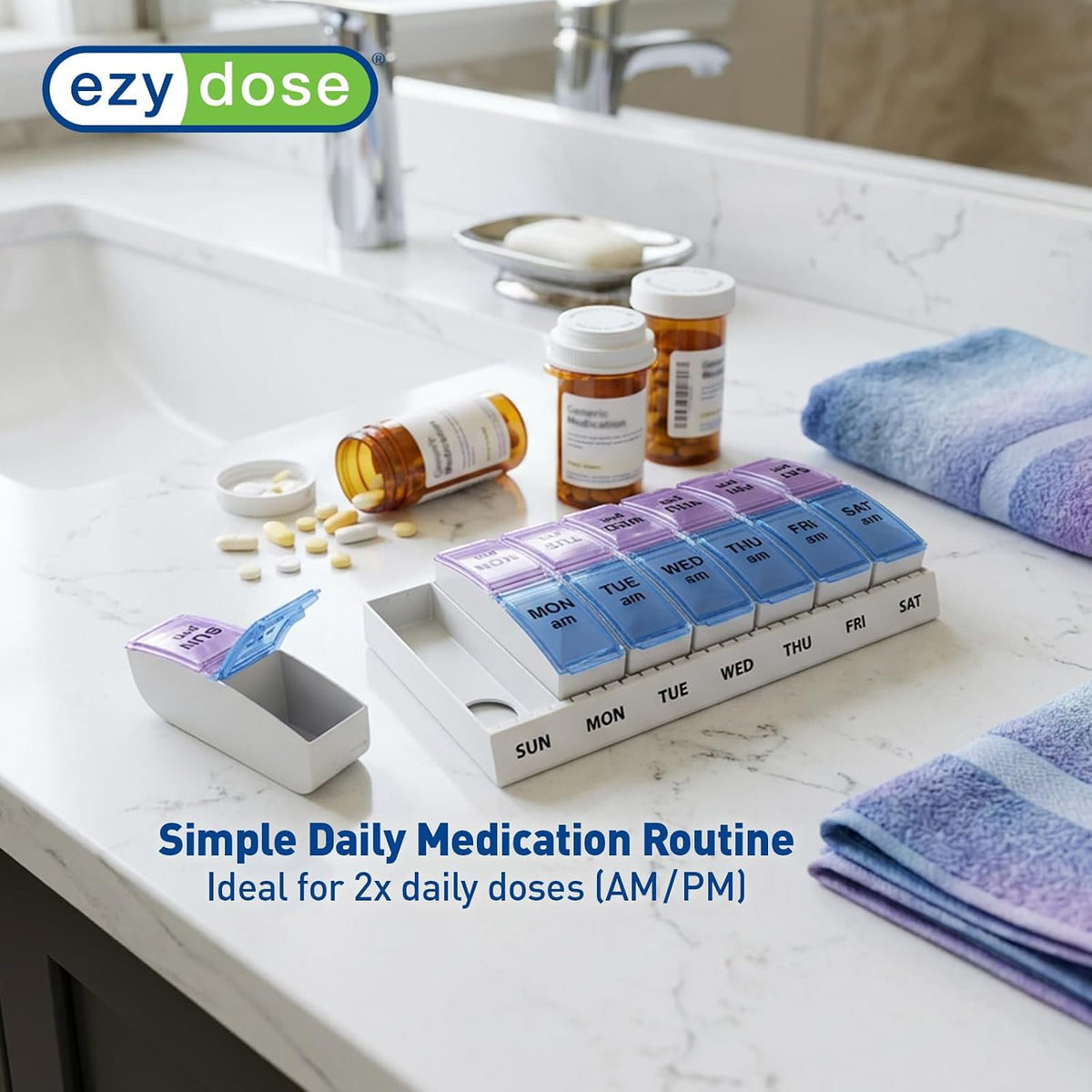 Ezy Dose Weekly (7-Day) AM/PM Pill Organizer, Small Case, Blue/Purple
