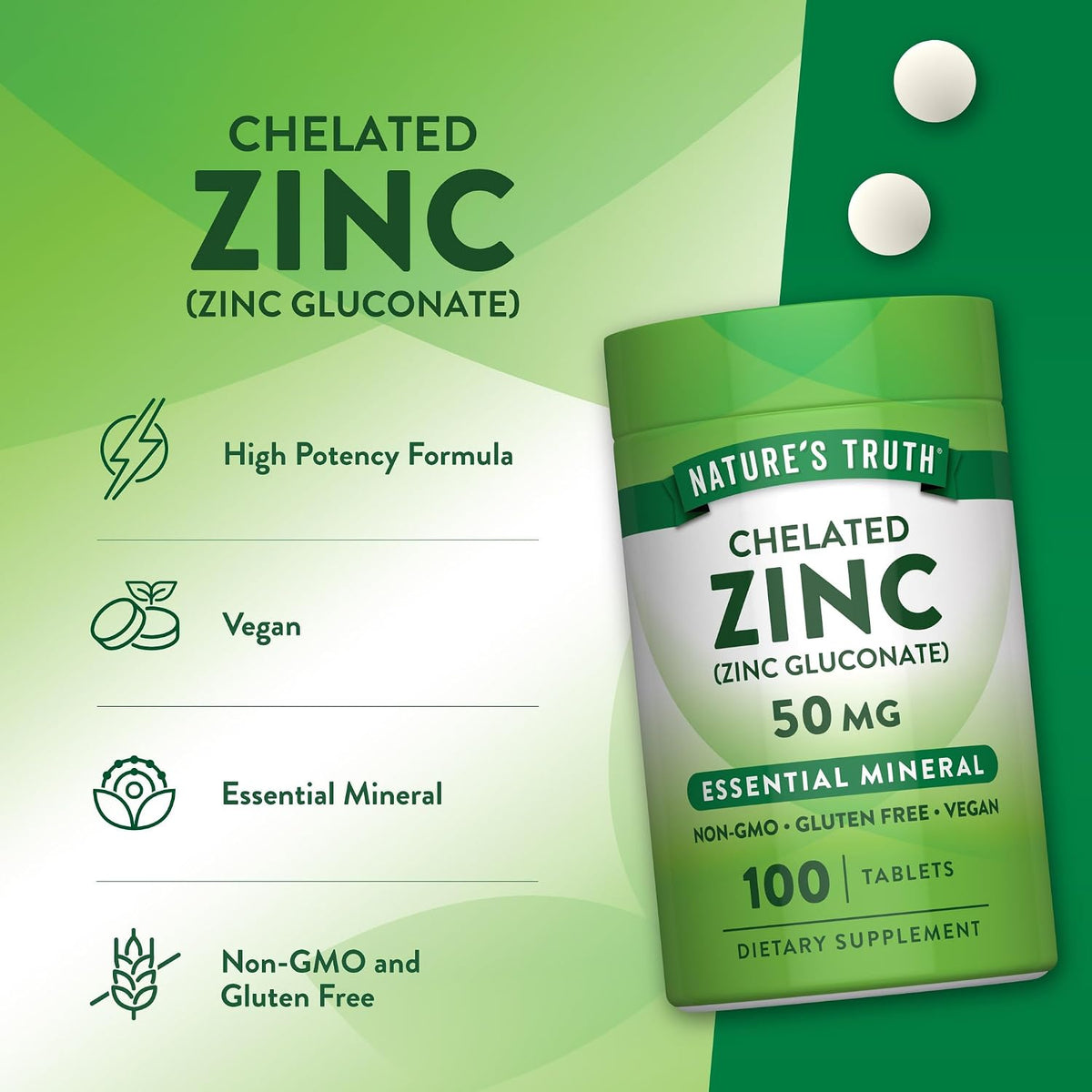 Nature's Truth Chelated Zinc | 50mg | 100 Tablets