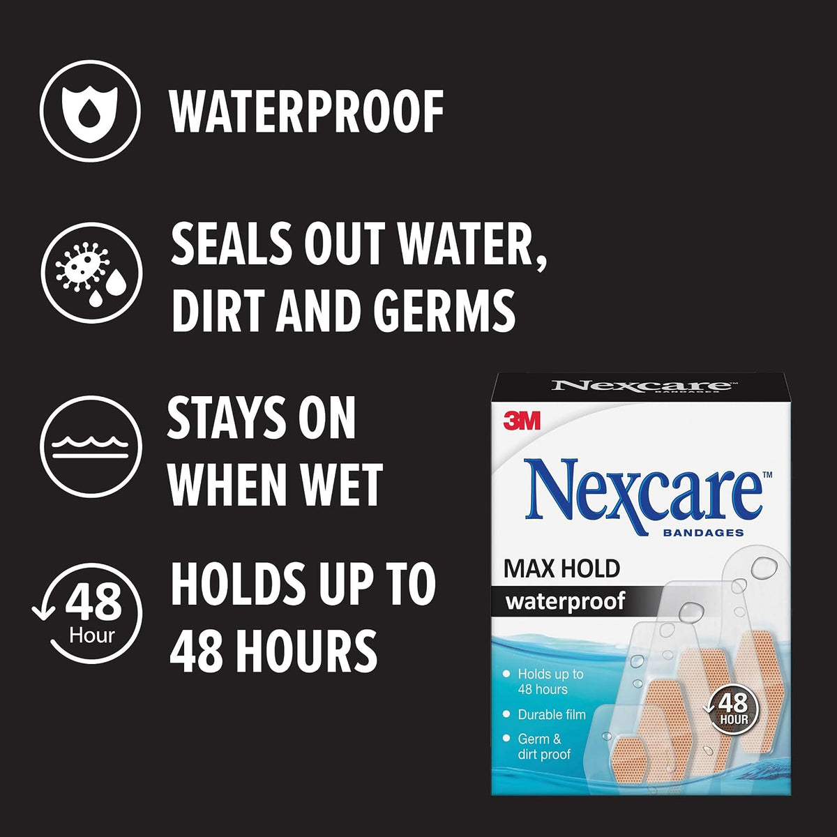 Nexcare Max Hold Waterproof Bandages, Stays On for 48 Hours, Flexible Bandages for Fingers, Knees and Heels - 15 Pack Clear Waterproof