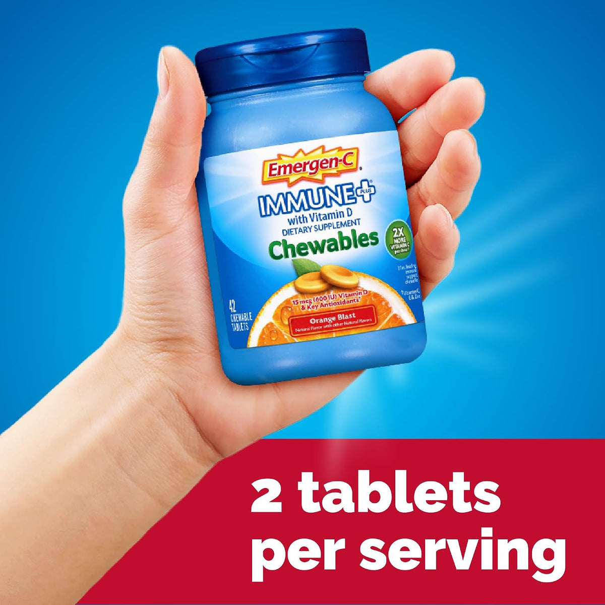 Emergen-C Vitamin C 1000mg Immune+ Chewables, Orange, 42 Tablets