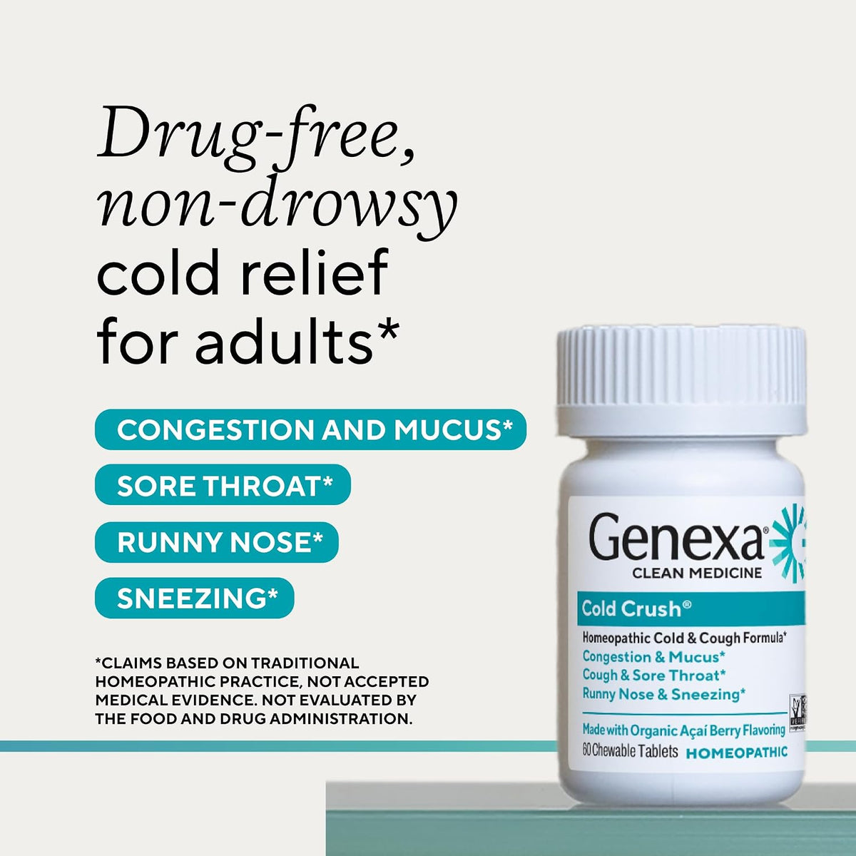 Genexa Cold Crush, Drug Free & Made Clean, 60 Chewable Tablets for Adults