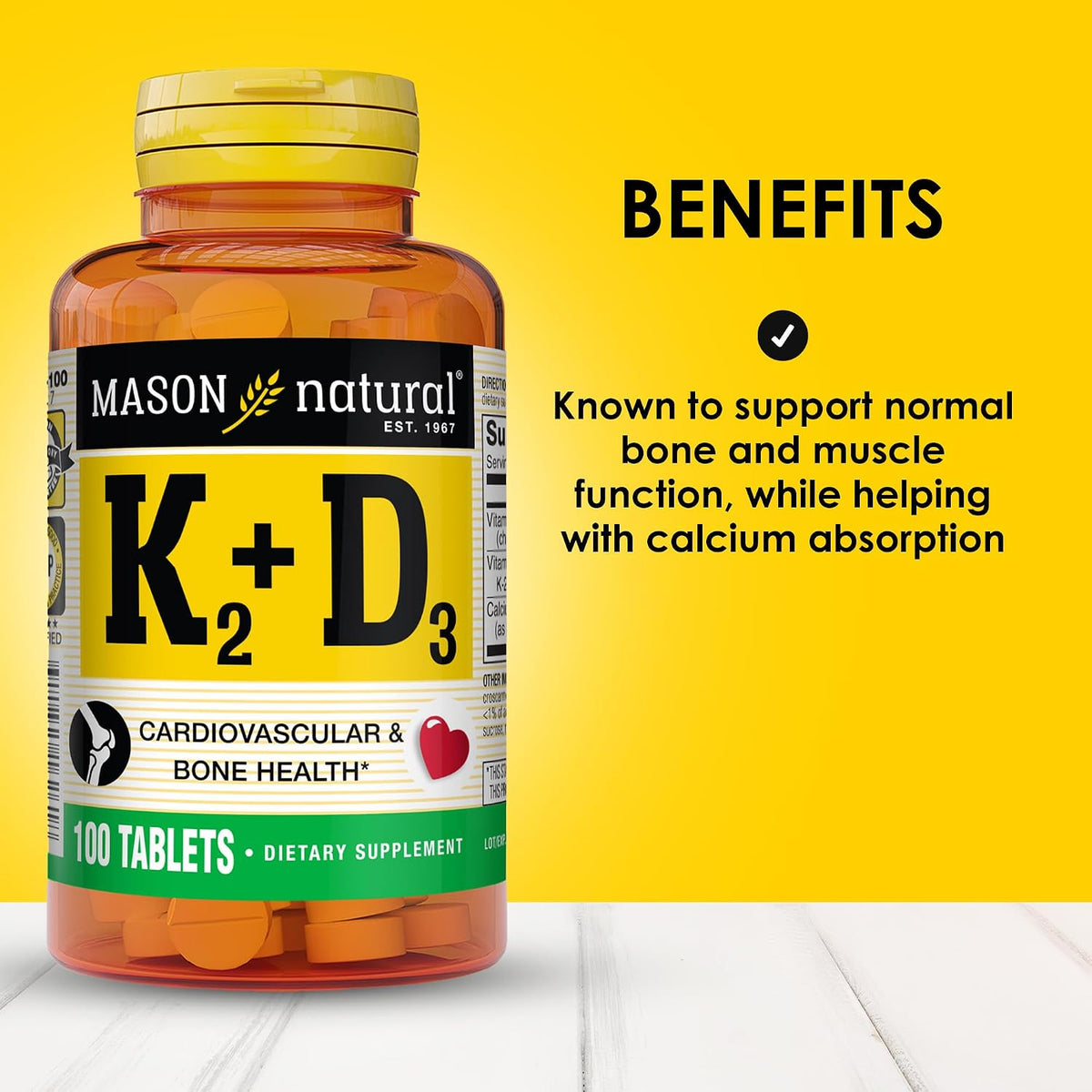MASON NATURAL Vitamins K2 & D3 with Calcium, 100 Day Supply
