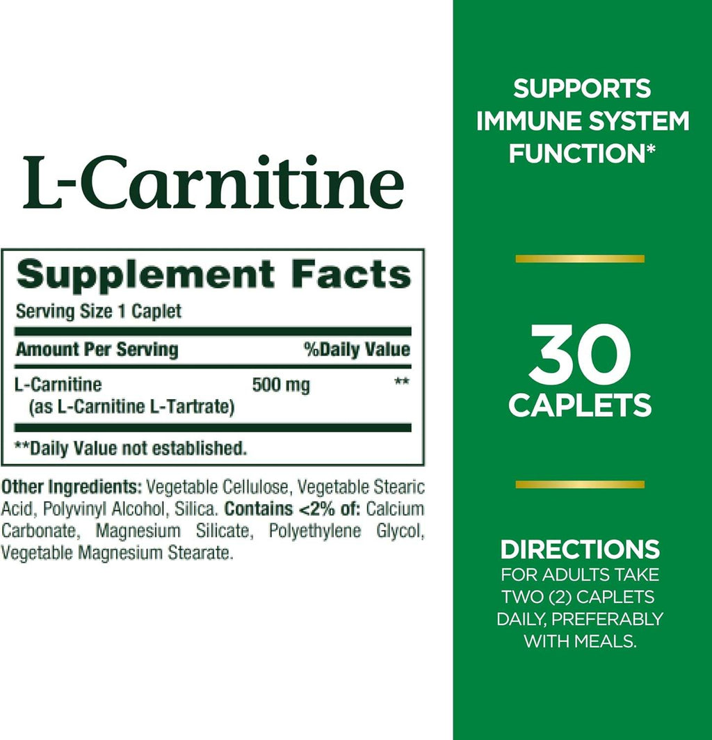 Nature's Bounty L-Carnitine, 500 mg, Caplets, 30 ea - OTC Shoppe Express