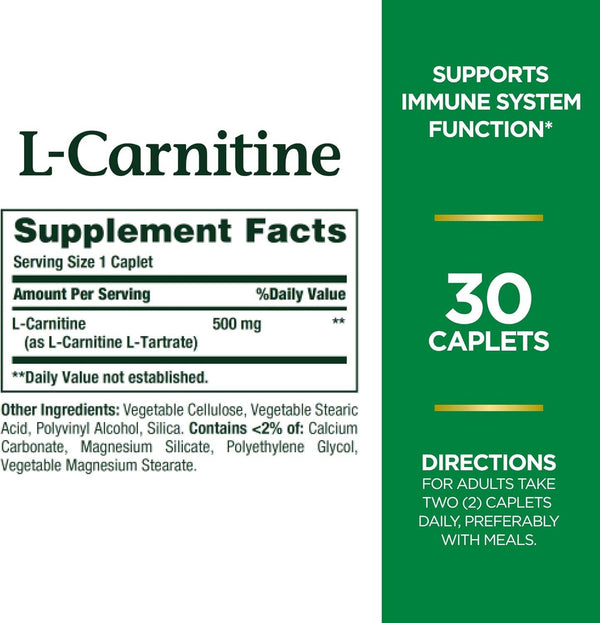 Nature's Bounty L-Carnitine, 500 mg, Caplets, 30 ea - OTC Shoppe Express