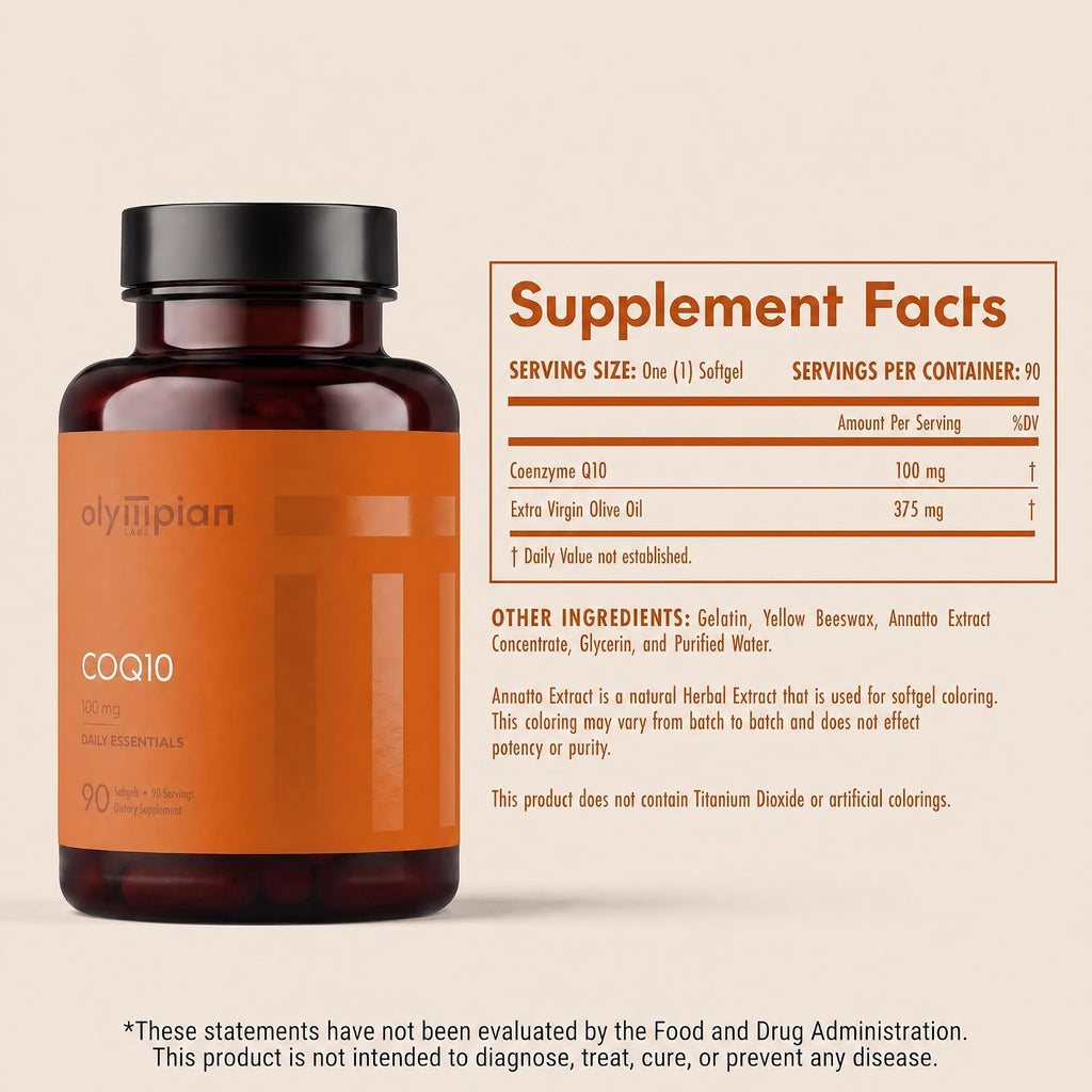 Olympian Labs Coenzyme Q10 100mg Softgels formulated with Extra Virgin Olive Oil, Heart Health Support, Cell Protection from Free Radicals