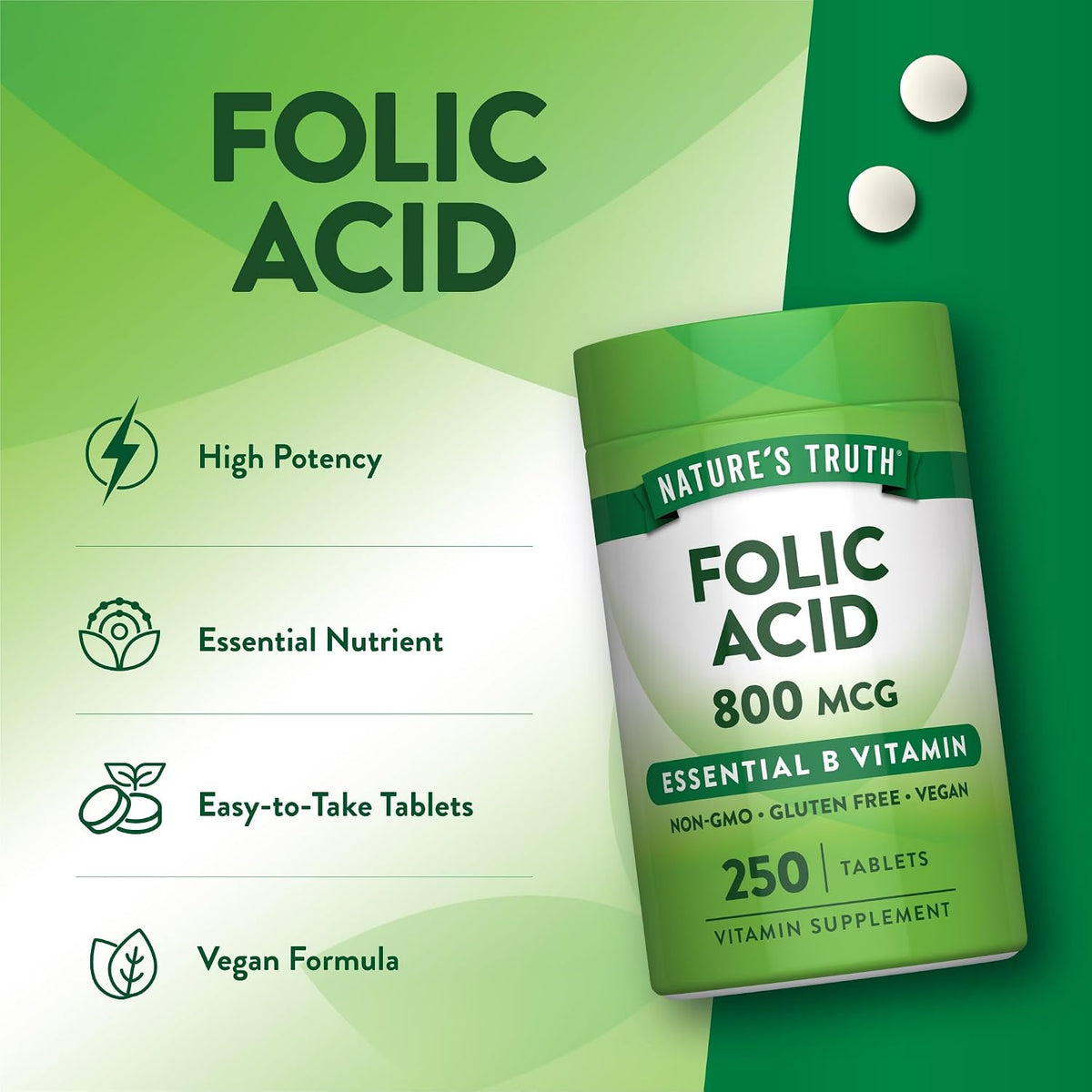 Nature's Truth Folic Acid | 800 mcg | 250 Tablets